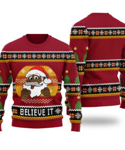Black Santa Believe It Christmas Sweater Cardinal Red