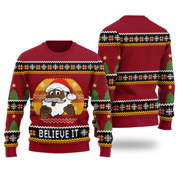 Black Santa Believe It Christmas Sweater Cardinal Red