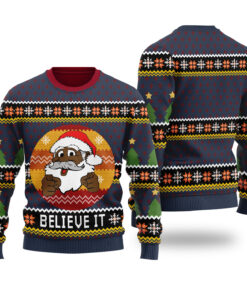Black Santa Believe It Ugly Christmas Sweater Navy