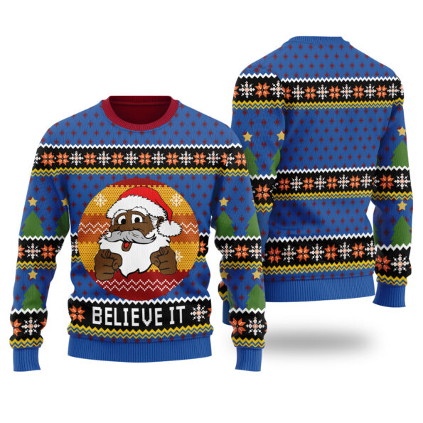 Black Santa Believe It Ugly Christmas Sweater Royal