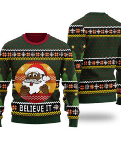 Black Santa Believe It Ugly Sweater Forest Green