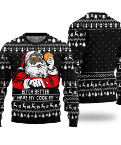 Black Santa Eating Cookies Funny Ugly Christmas Sweater Black
