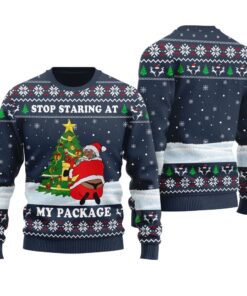 Black Santa Stop Staring At My Package Ugly Sweater Navy
