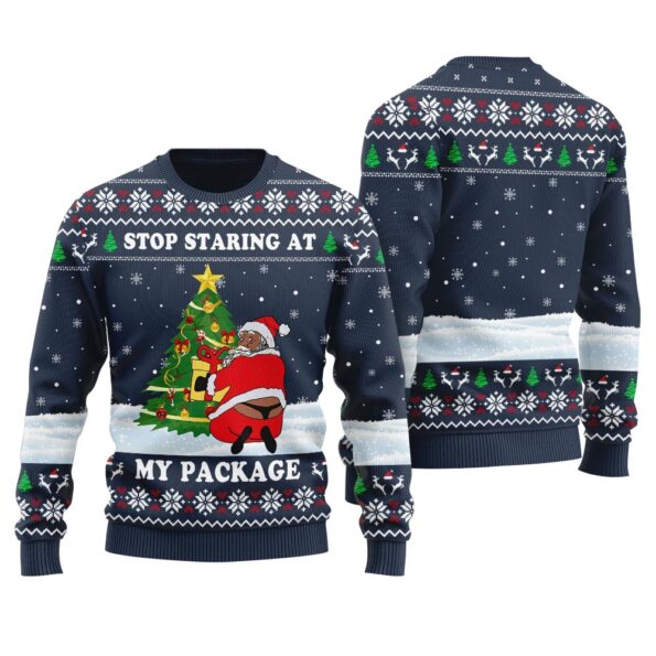 Black Santa Stop Staring At My Package Ugly Sweater Navy