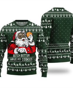 Black Santa With Cookies Funny Ugly Christmas Sweater Forest Green