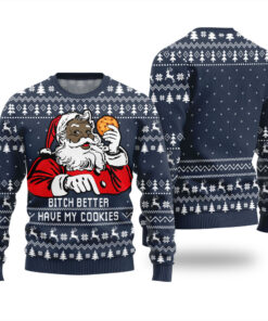 Black Santa With Cookies Funny Ugly Christmas Sweater Navy