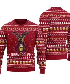 Brew Dolph Drinking Beer Funny Ugly Christmas Sweater Cardinal Red