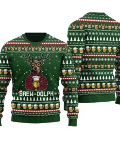 Brew Dolph Drinking Beer Ugly Christmas Sweater Forest Green
