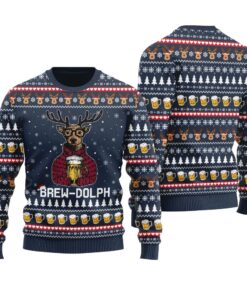 Brew Dolph Drinking Beer Ugly Christmas Sweater Navy