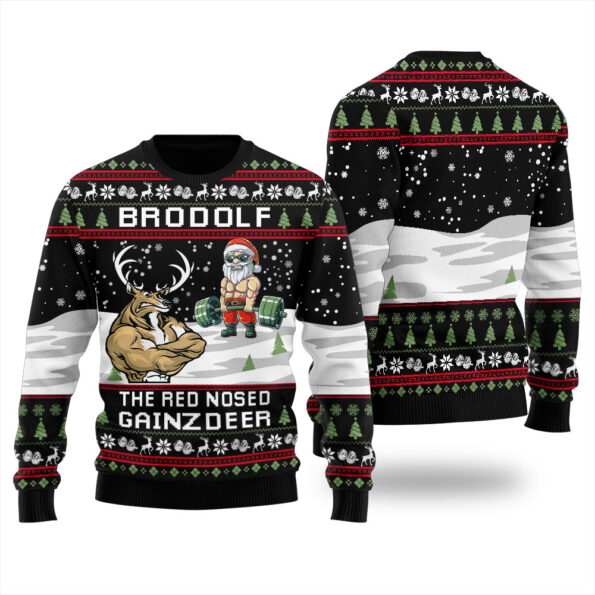 Brodolf The Red Nose Gainzdeer Ugly Sweater Black