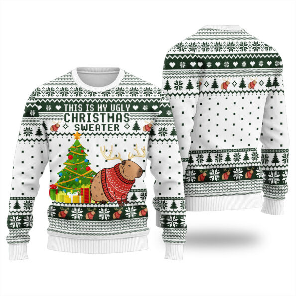 Capybara Christmas Tree Ugly Sweater Forest Green