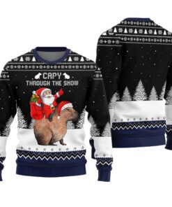 Capybara Santa Through The Snow Christmas Sweater Black