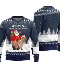 Capybara Santa Through The Snow Ugly Christmas Sweater Navy