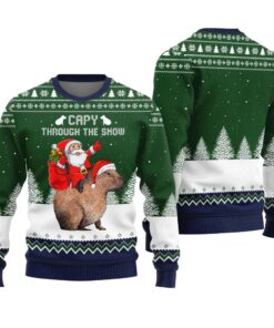 Capybara Santa Through The Snow Ugly Sweater Forest Green