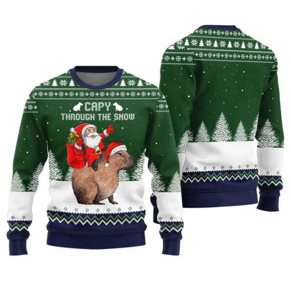 Capybara Santa Through The Snow Ugly Sweater Forest Green