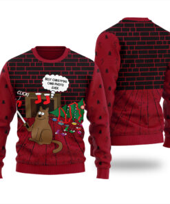 Cat Makes Selfie Funny Ugly Christmas Sweater Cardinal Red
