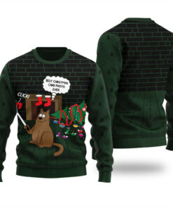 Cat Makes Selfie Funny Ugly Christmas Sweater Forest Green