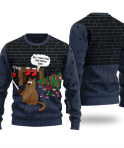 Cat Makes Selfie Funny Ugly Christmas Sweater Navy