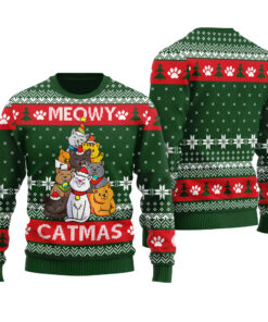 Cat Ugly Christmas Sweater Forest Green