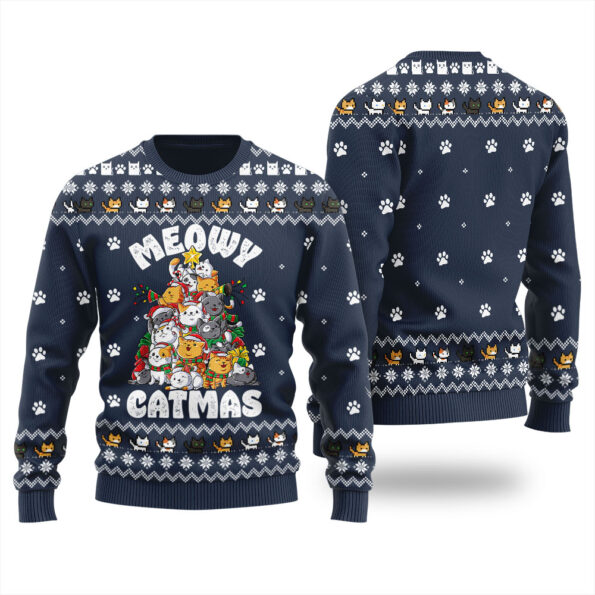 Cute Meowy Ugly Christmas Sweater Navy