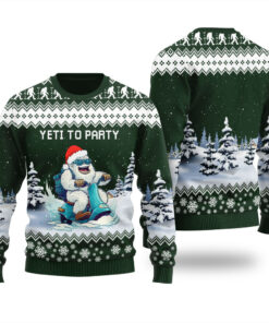 Cute Yeti Riding Motorbike Ugly Christmas Sweater Forest Green