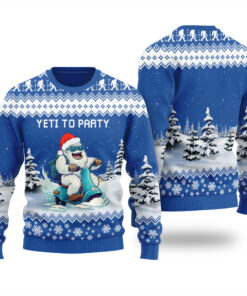 Cute Yeti Riding Motorbike Ugly Christmas Sweater Royal