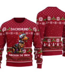 Dachshund Through The Snow Ugly Christmas Sweater Cardinal Red