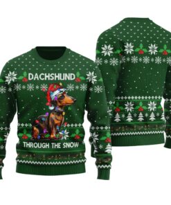 Dachshund Through The Snow Ugly Christmas Sweater Forest Green