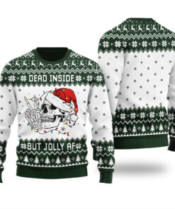 Dead Inside Skeleton Jolly AF Funny Ugly Christmas Sweater Forest Green