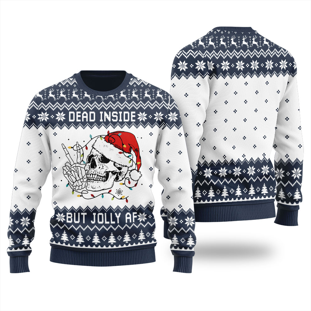 Dead Inside Skeleton Jolly AF Ugly Christmas Sweater Navy