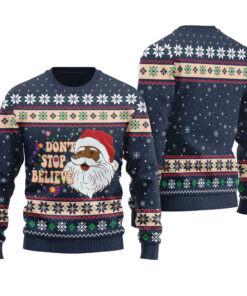 Don’t Stop Believin African American Santa Claus Christmas Sweater Navy