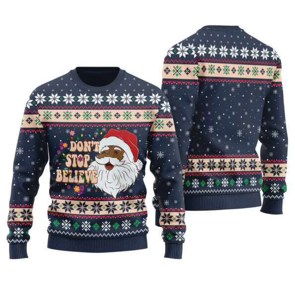Don’t Stop Believin African American Santa Claus Christmas Sweater Navy