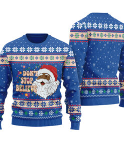 Dont Stop Believin African American Santa Claus Ugly Sweater Royal