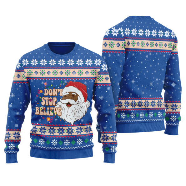 Dont Stop Believin African American Santa Claus Ugly Sweater Royal