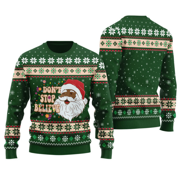 Dont Stop Believin Black Santa Claus Ugly Sweater Forest Green