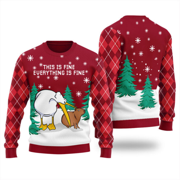 Everything Is Fine Capybara Christmas Sweater Cardinal Red