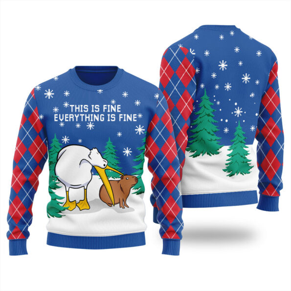 Everything Is Fine Capybara Ugly Christmas Sweater Royal