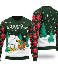 Everything Is Fine Capybara Ugly Sweater Forest Green