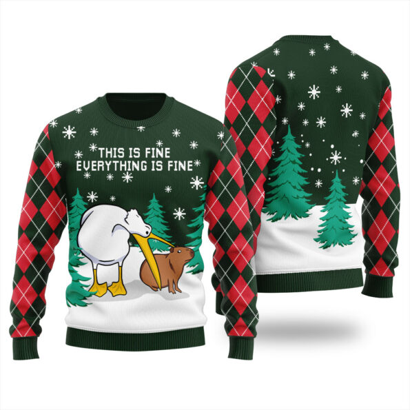 Everything Is Fine Capybara Ugly Sweater Forest Green