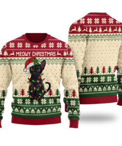 Funny Black Cat Ugly Christmas Sweater Cardinal Red