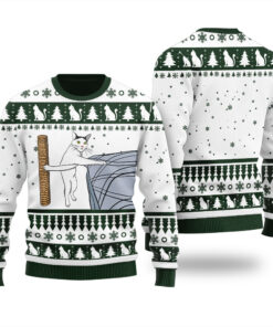 Funny Cat Scratching Ugly Christmas Sweater Forest Green