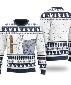 Funny Cat Scratching Ugly Christmas Sweater Navy