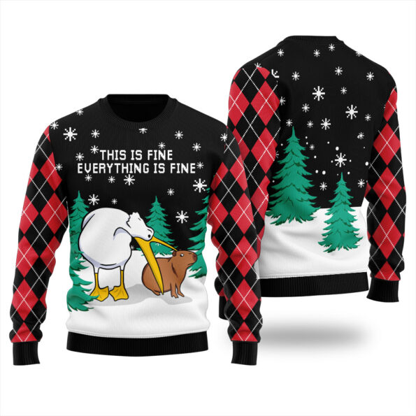 Funny Everything Is Fine Capybara Christmas Sweater Black