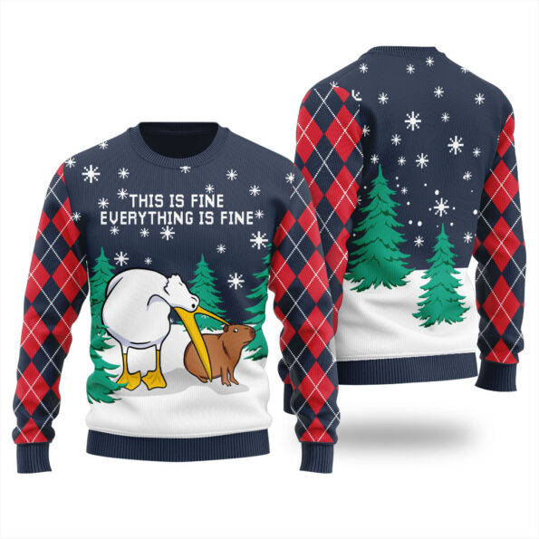 Funny Everything Is Fine Capybara Ugly Christmas Sweater Navy
