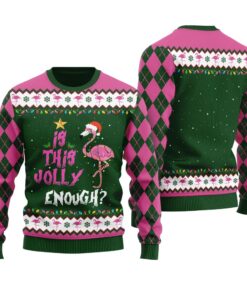Funny Jolly Flamingo Ugly Sweater Forest Green