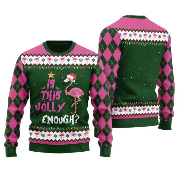 Funny Jolly Flamingo Ugly Sweater Forest Green