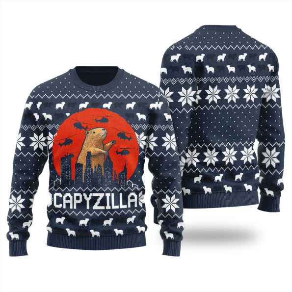 Funny Monster Capybara Ugly Christmas Sweater Navy