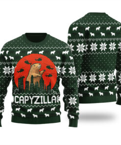 Funny Monster Capybara Ugly Sweater Forest Green