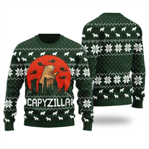 Funny Monster Capybara Ugly Sweater Forest Green