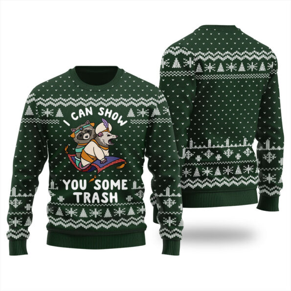 Funny Racoon Opossum Ugly Sweater Forest Green